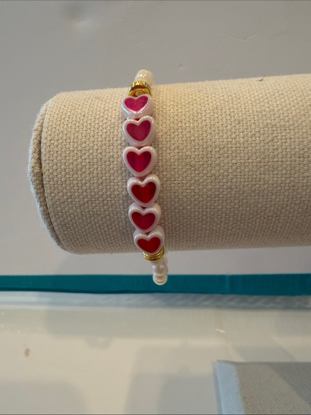 Pink Heart Bead Stretch Bracelet with Gold Accents